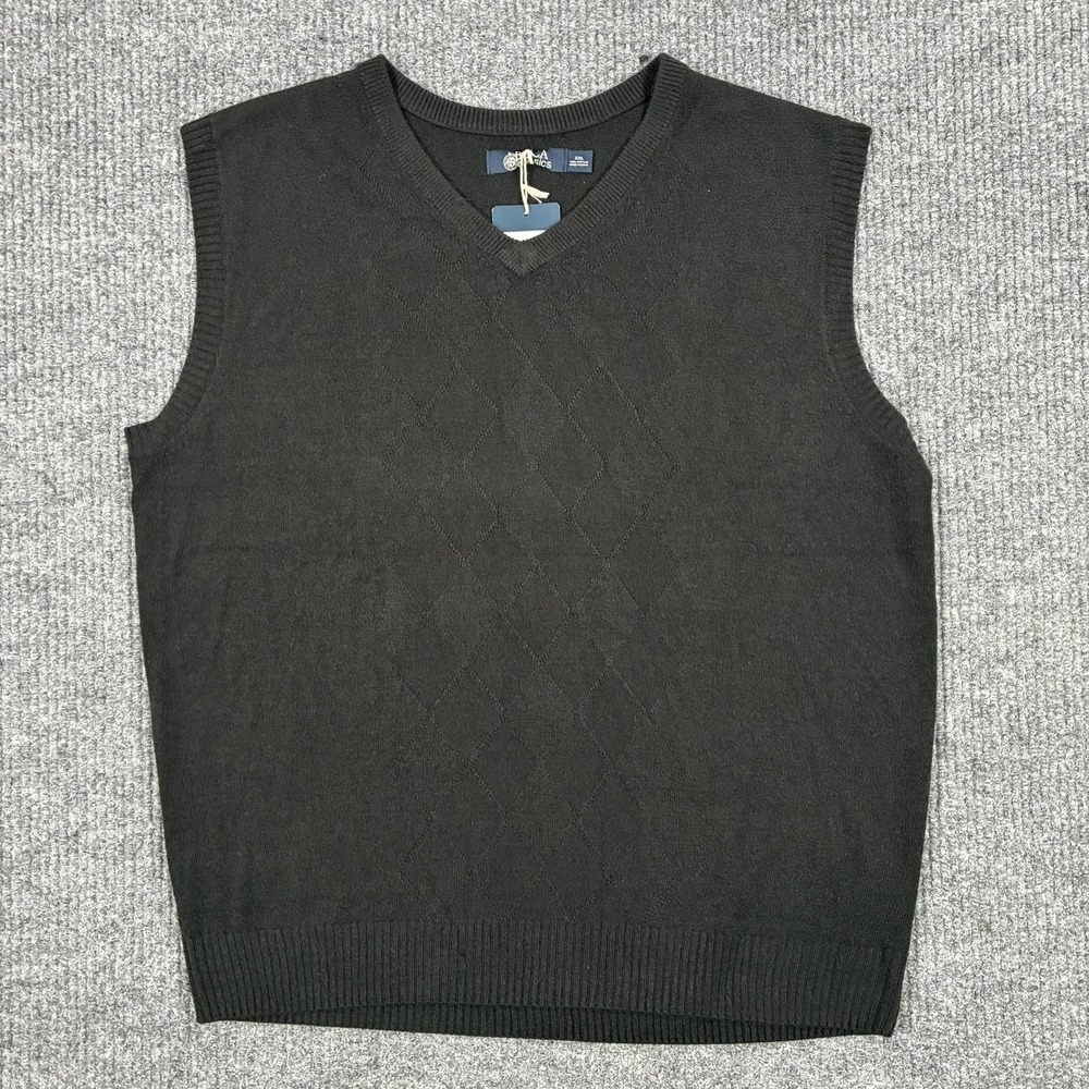 Boca Classics Sweater Vest Mens 2XL Black Knit Argyle V-Neck Acrylic Pullover